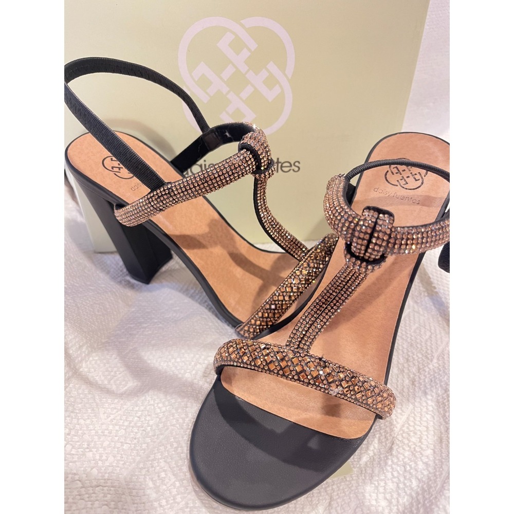 Daisy Fuentes Rose Gold Bedazzled Ankle Strap Heels Open Toe Rhinestone Pump